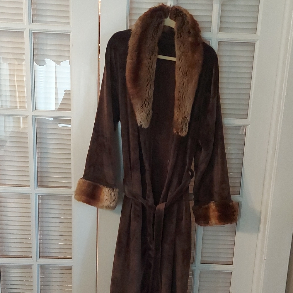 Adrienne Landau 48" Chocolate Robe with Faux Fur Accents